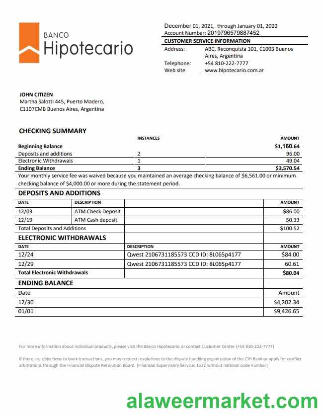 Argentina Banco Hipotecario bank statement